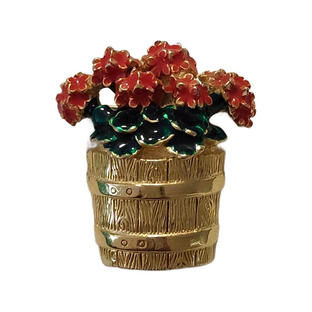Vintage Enamel Flowers in a Basket Brooch, 2" Tall